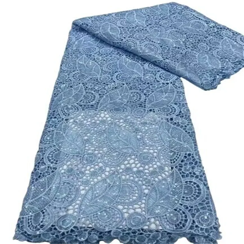 

Blue African Dry Lace Fabrics Water-soluble High Quality Solf Lace French Nigerian Lace With Sequins Fabric For Wedding Dress