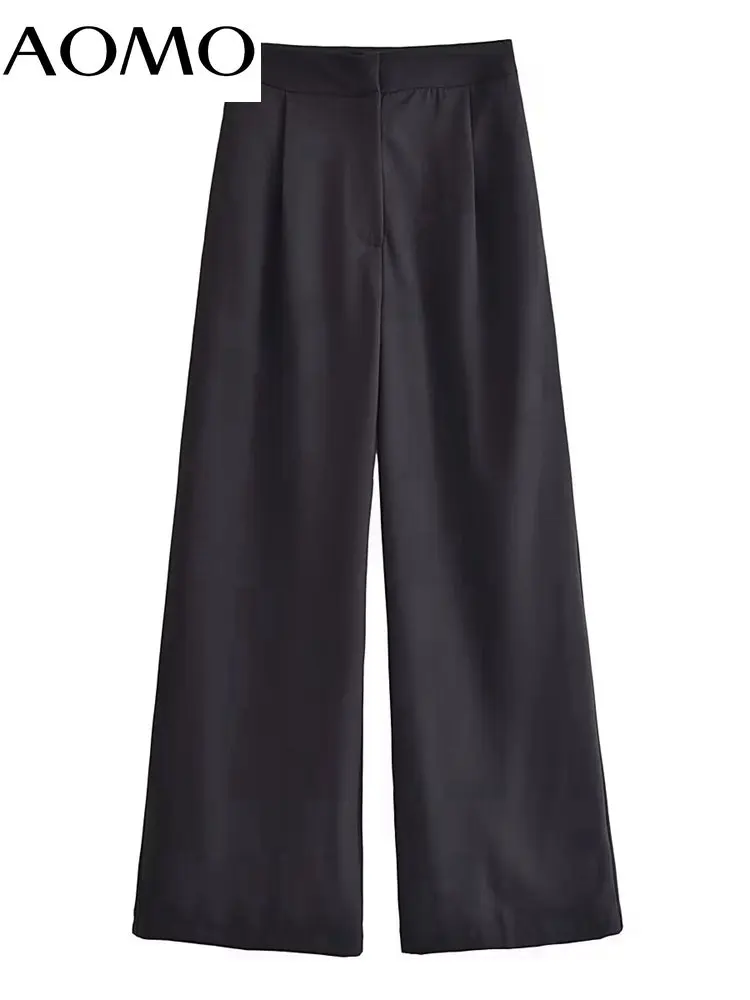 

AOMO Fashion Women Solid Wide Leg Suit Pants Trousers High Waist Pockets Buttons Office Lady Pants QN191A