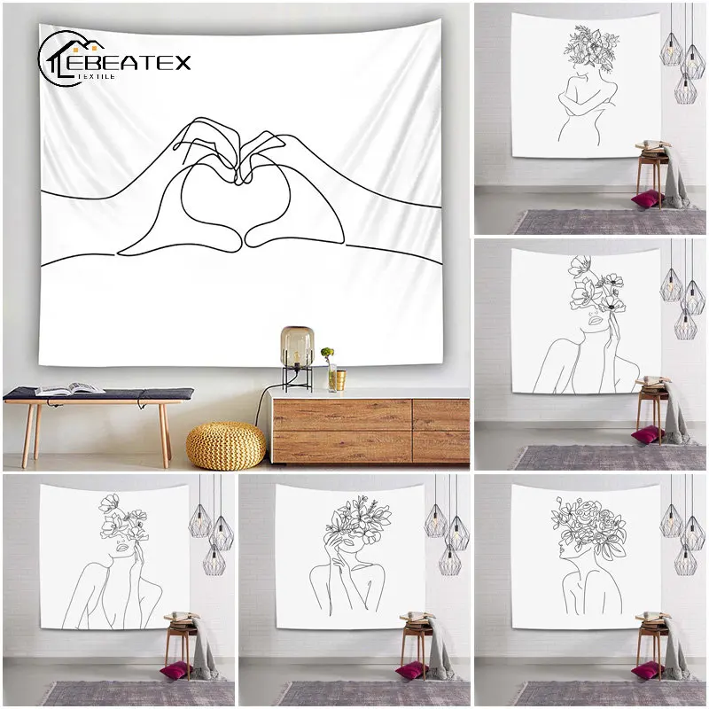 

Tapestry Wall Hanging Modern Minimalist Abstract Creative Sketch Wall Decoration Simple Lines Female Black and White Flowers