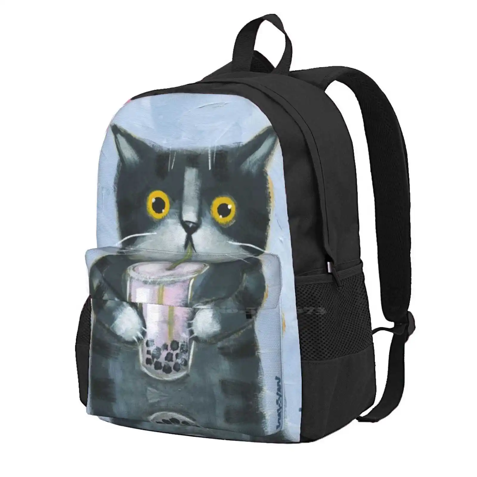 Laptop Travel Bags Cats Folk Art Bubble Tea Grey Cat Tabby C