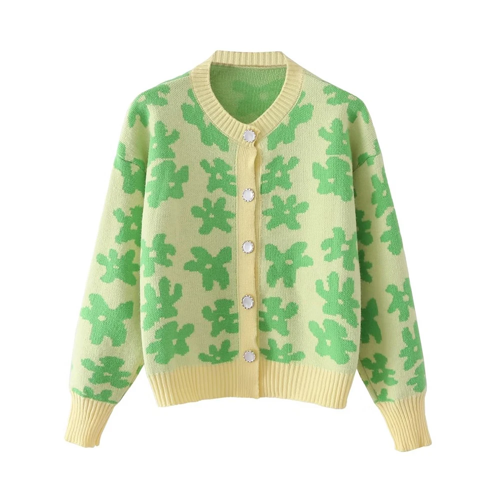 

Women's 2022 Chic New Flower Pattern Knit Cardigan Round Neck Casual Elegant Long Sleeve Female Fashion Retro Sweater Mujer