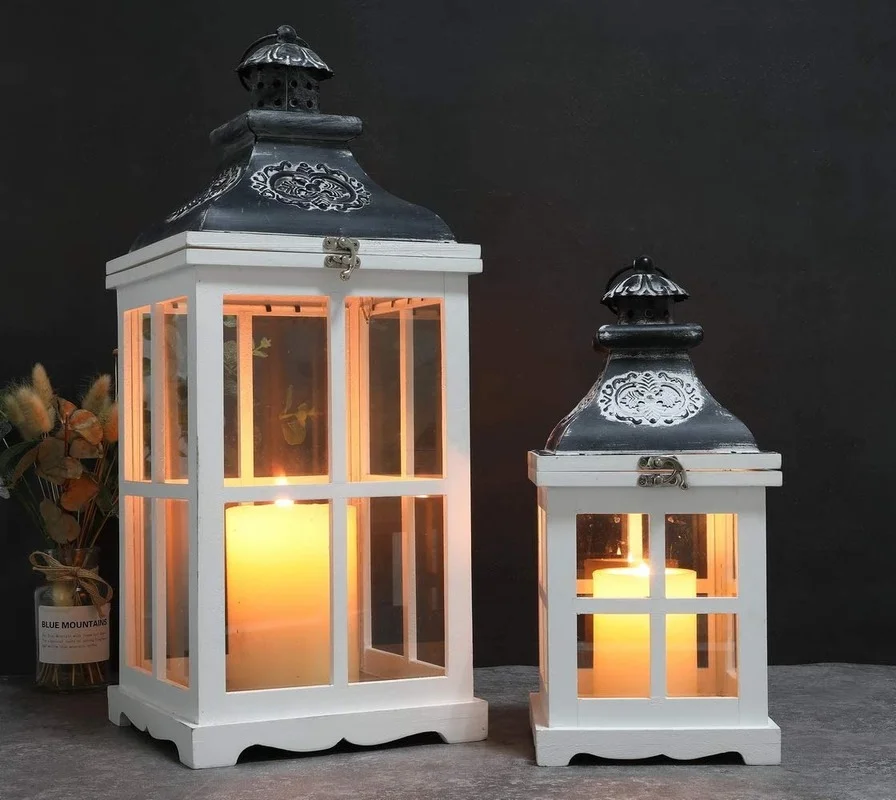 

2pcs/set White Wood Decorative Candle Lanterns 21.5"&14" High Metal Lanterns for Weddings Vintage Style Hanging Lantern