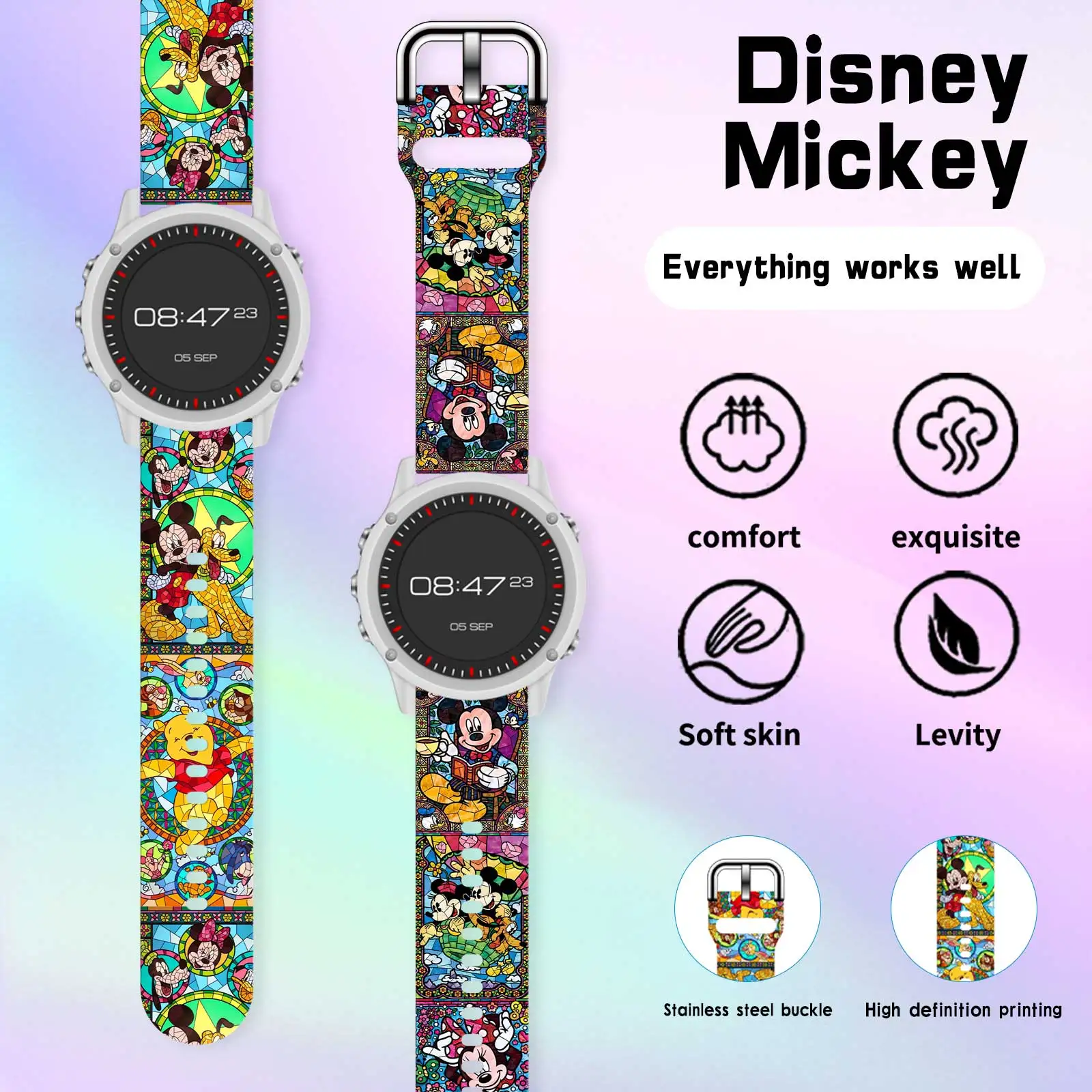 Фото Ремешки для часов с принтом Magic Mickey, 20 мм, для Samsung Galaxy 7/6/5/4, 40 мм, 44 мм, сменные браслеты для часов Xiaomi Amazfit №3