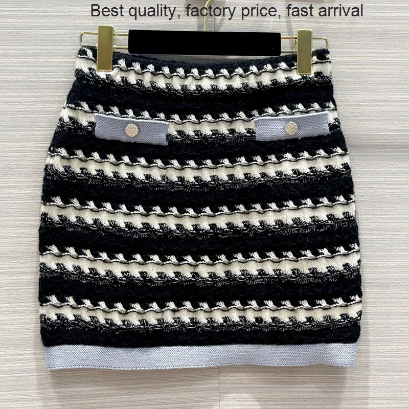 

quality luxury brand 22 Autumn Runway Cashmere Wool Striped Women Vintage High Waist 2 Pocket Warm Knitting Mini Fashion Elegant