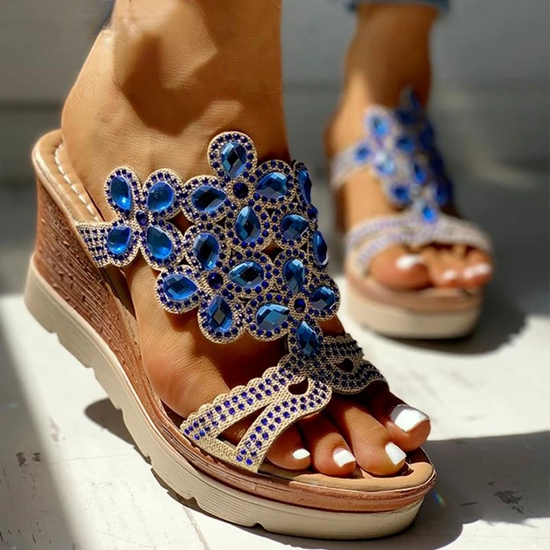 

2022 Dropship Wedge High Heels Sandal Leisure Platform Rhinestones Summer Slip on Mules Slippers Women Shoes Woman