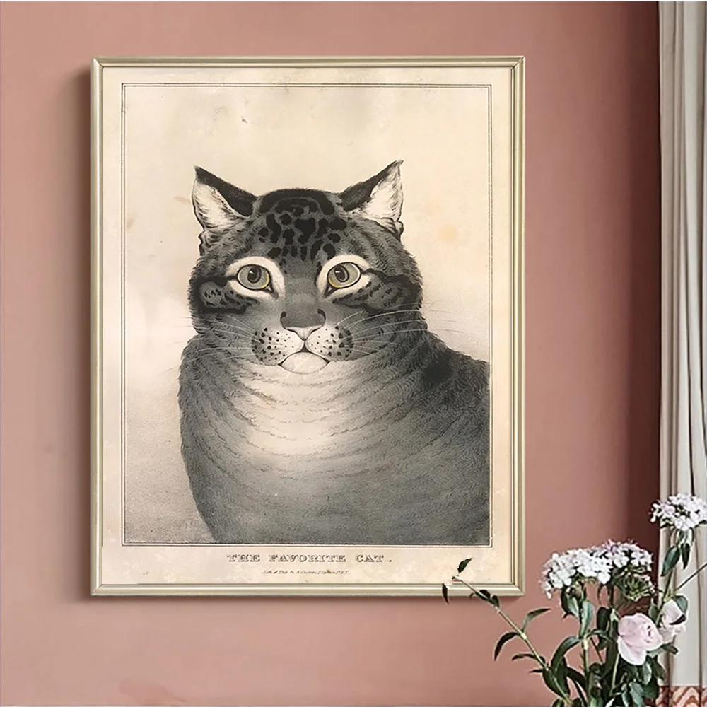 

Nathaniel Currier Art Print Poster The Favorite Cat Canvas Painting Cute Animal Pet Wall Picture Decor Gift