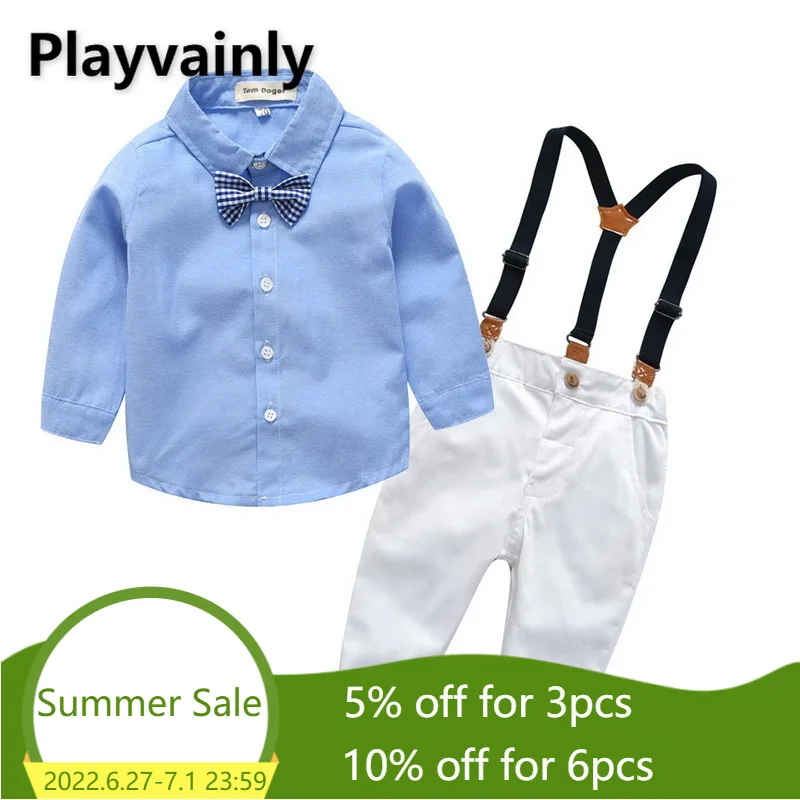 

2021 New Baby Clothes Set Bow Tie cotton Shirt + Overalls 2PCS Outfits Suit Toddler Boy Clothes E100123