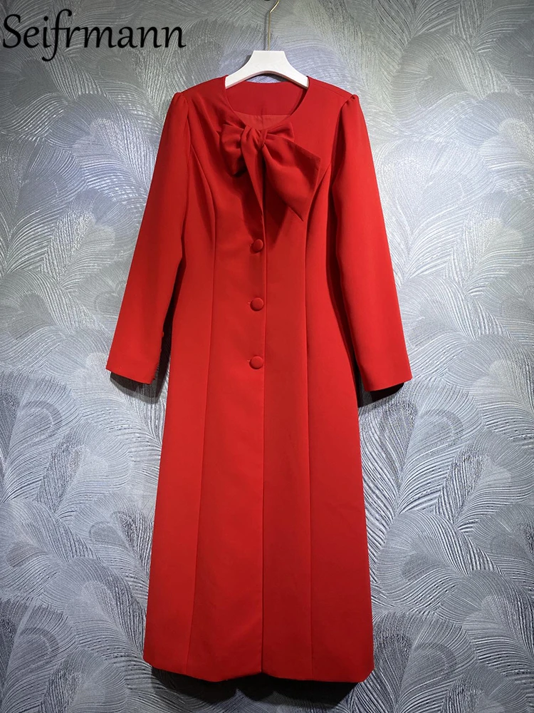 

Женское модельное однобортное платье-карандаш Seifrmann, красное однотонное платье средней длины с длинным рукавом и бантом, осень