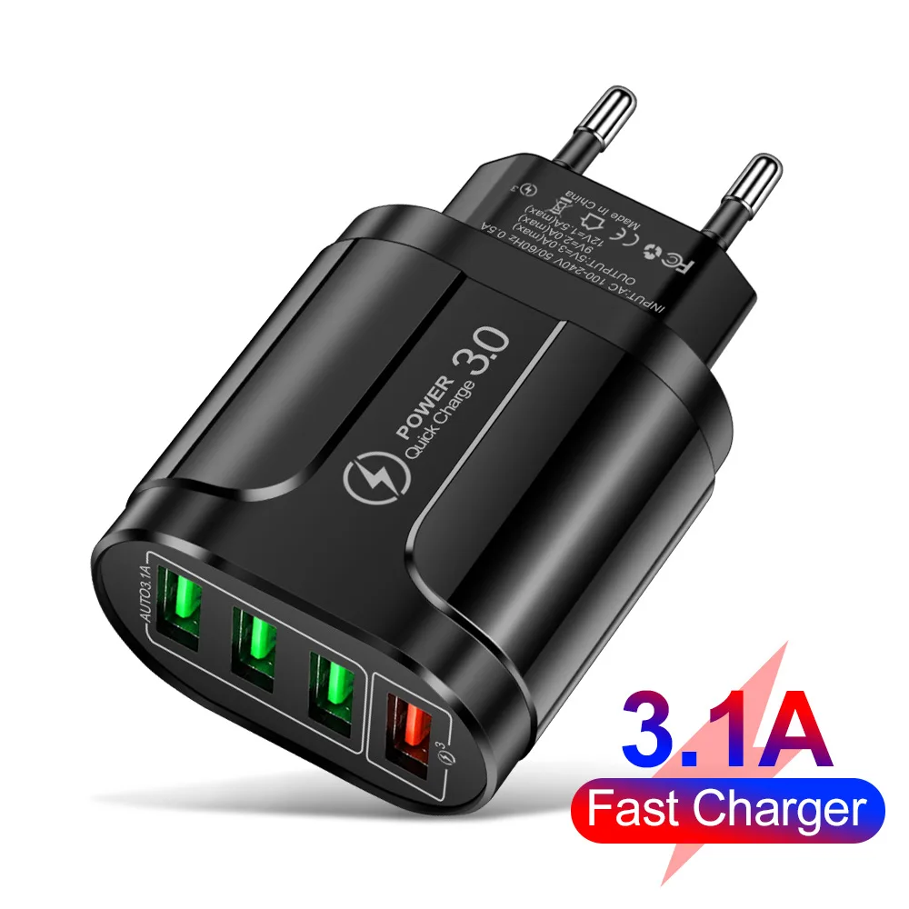 

48W USB Charger Fast Charge QC 3.0 Wall Charging For iPhone 12 11 Samsung Xiaomi Mobile 4 Ports EU US Plug Adapter Travel