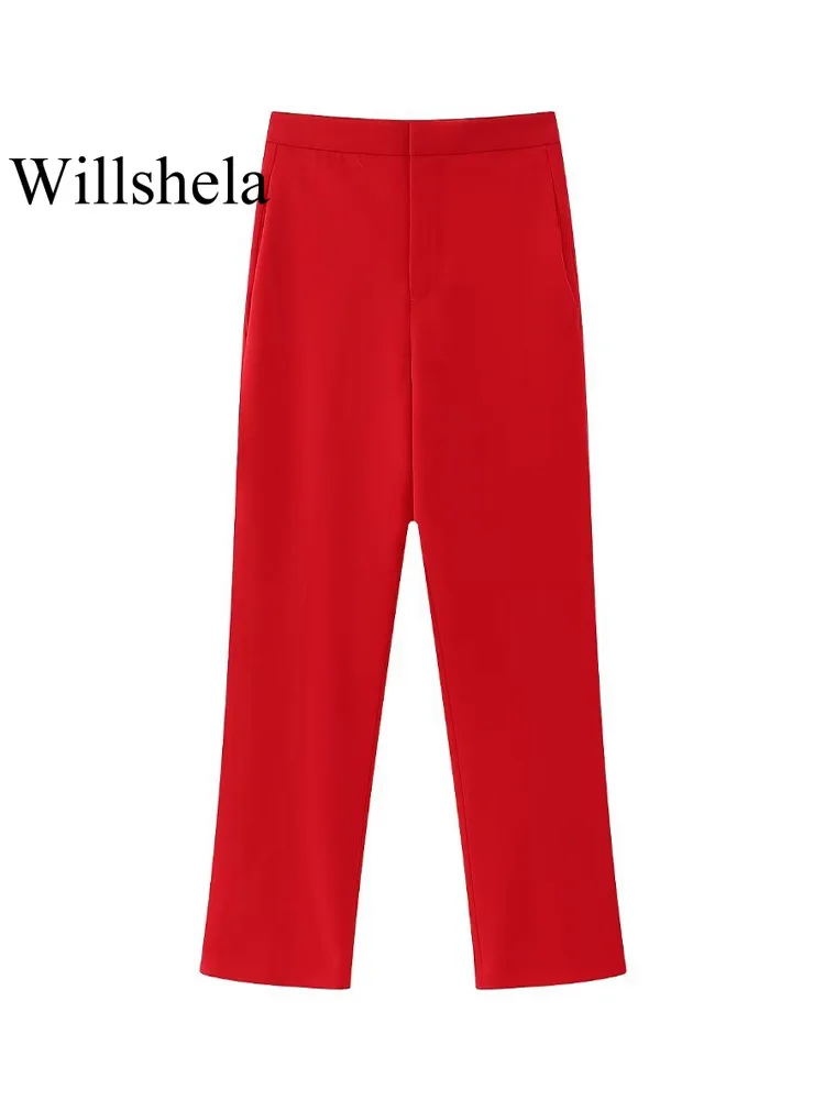 

Willshela женские модные красные прямые брюки на молнии спереди винтажные длинные женские брюки с высокой талией