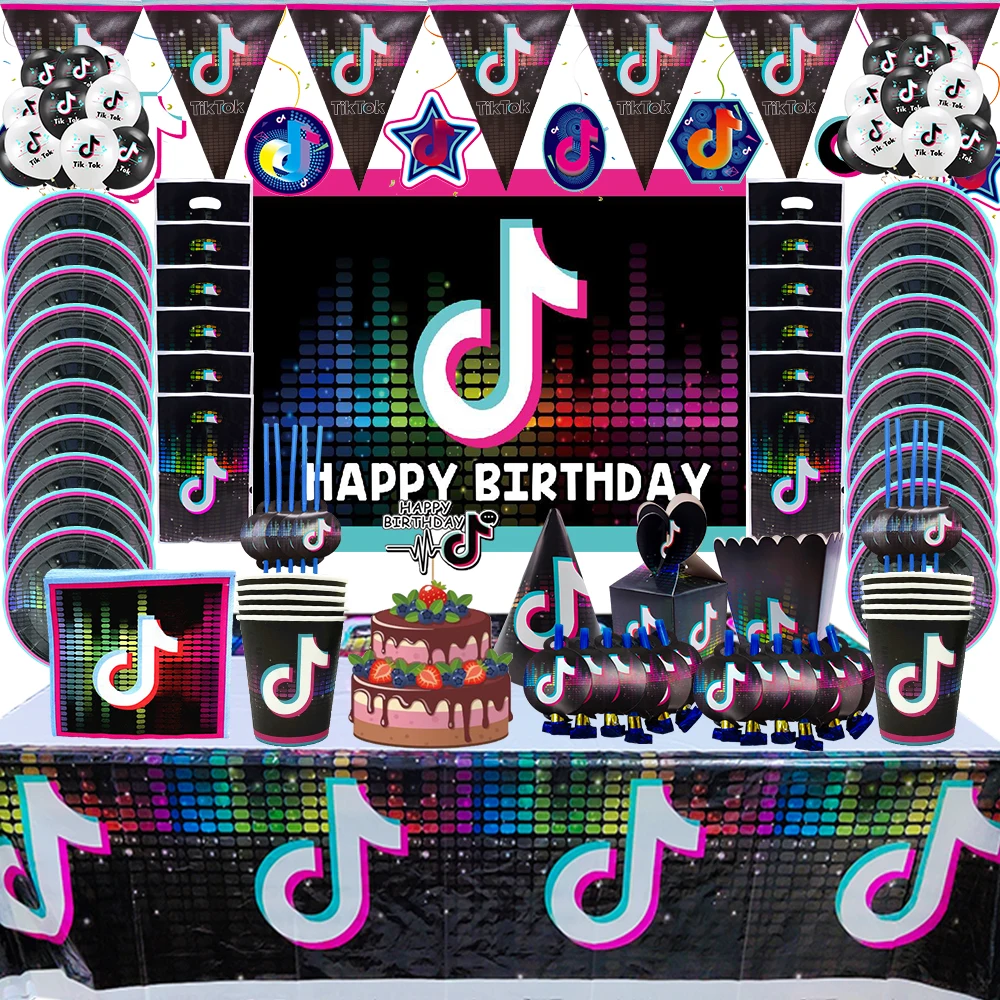 Hot 20Person Music Tik Happy Birthday Party Balloon Banner Decor Disposable Tablecloth Plate Balloons Party Supplies Cake Topper