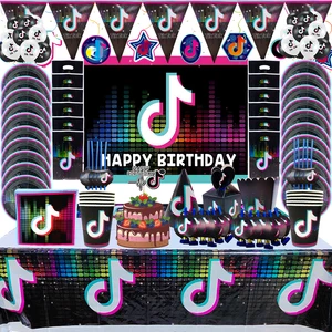 Imported Hot 20Person Music Tik Happy Birthday Party Balloon Banner Decor Disposable Tablecloth Plate Balloon