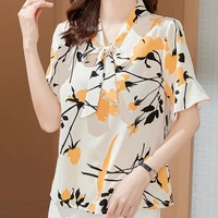 lace up bow floral blouse women elegant office flare sleeve clothes chiffon womens tops and blouses blusas mujer de moda 2022