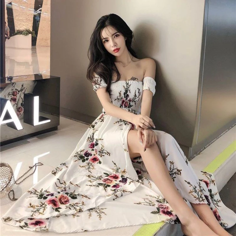 

Vintage Floral Long Dress Women Summer Elegant Front Split Short Sleeve High Waist Boho Maxi Dress Female Holiday Print Sundress