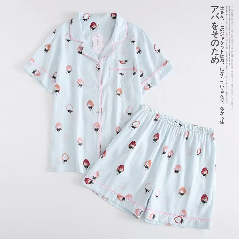 Korean Style Women Cotton Pyjamas Pijamas PJ Set Cartoon Strawberry Lovely Soft Pajamas for Female Women Sleepwear Home Wear