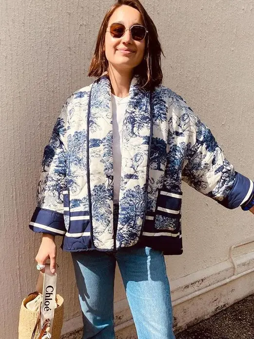 Куртка женская стеганая с длинным рукавом тёплый короткий кардиган принтом