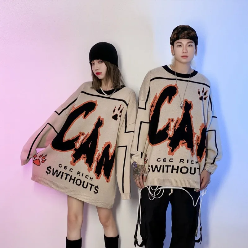 

New Sale Men HipHop Long Sleeve Sweater Embroidered Couple Sweater Oversize Ins Knitted Tops For Men High Street College Style