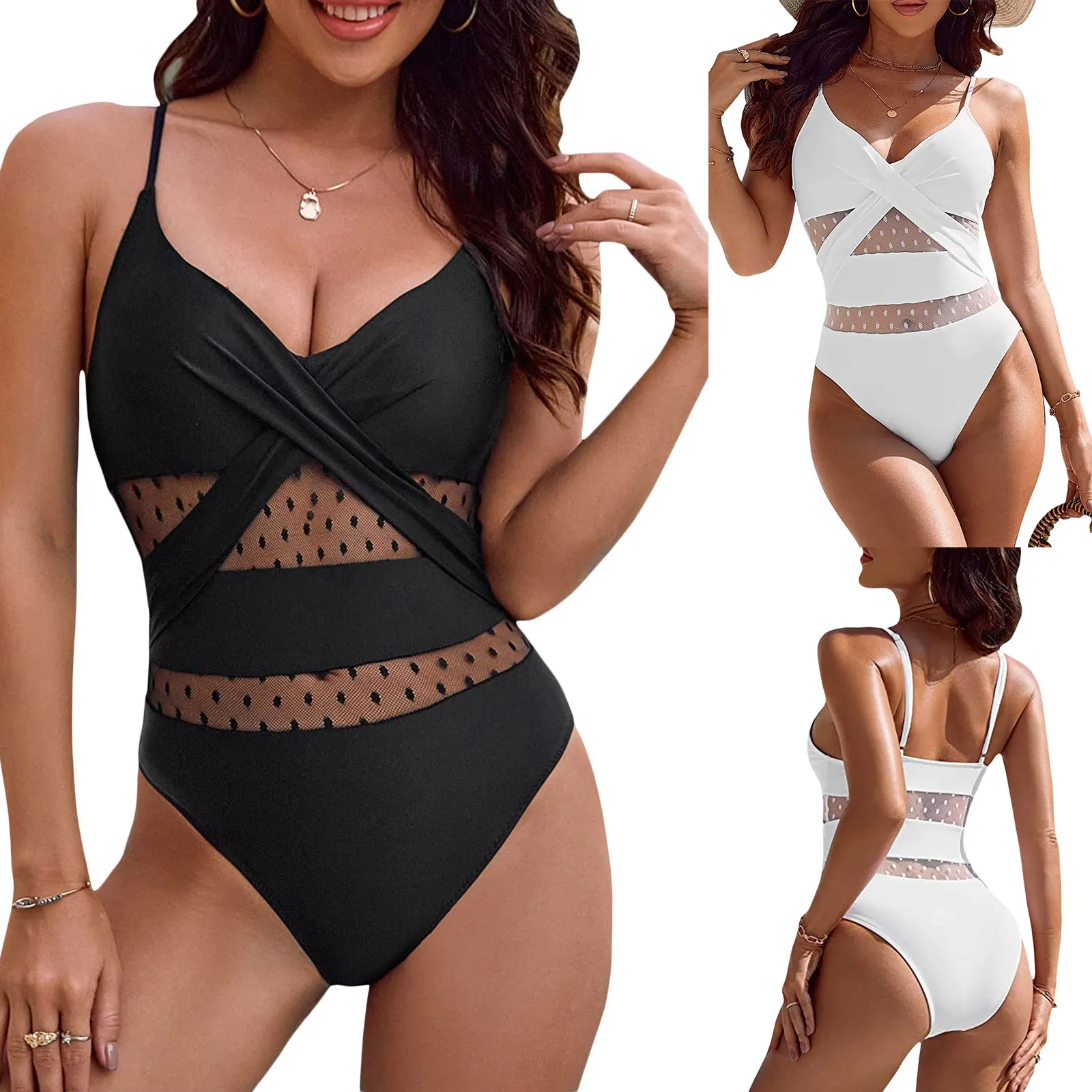 

Женская летняя пляжная одежда, сексуальное бикини без рукавов с V-образным вырезом, купальный костюм с открытыми плечами, прозрачный купаль...