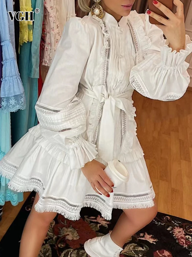 

VGH Casual Solid Dresses For Women Stand Collar Long Sleeve High Waist Spliced Ruffles A Line Loose Dress Female Fashion Clothes