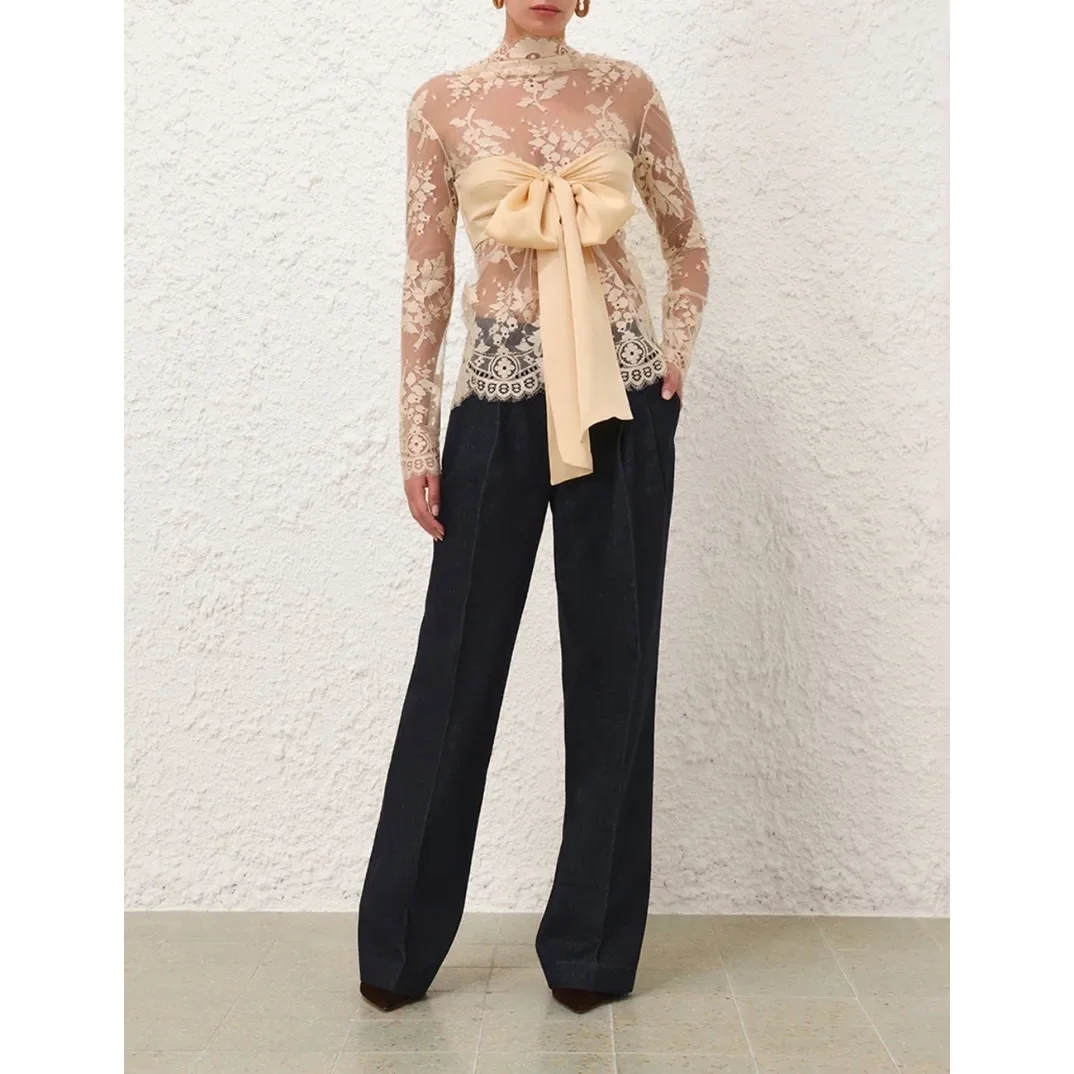 Новинка 2024 осенняя прозрачная блузка с шелковым бантом и длинными рукавами на