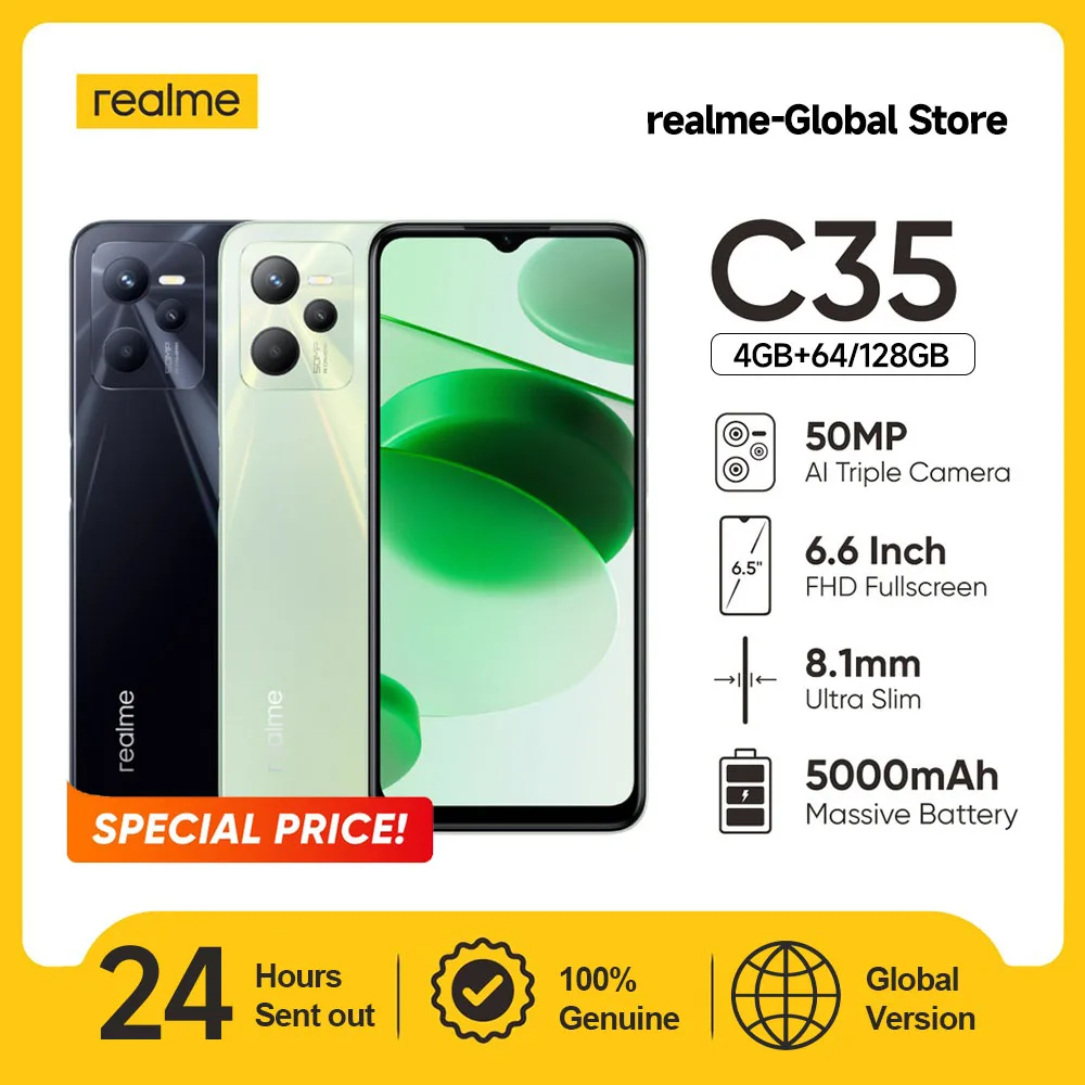 

Новый смартфон realme C35 глобальная версия, 6,6 дюйма, FHD, Восьмиядерный процессор Unisoc T616, камера 50 МП, аккумулятор 5000 мАч, 18 Вт