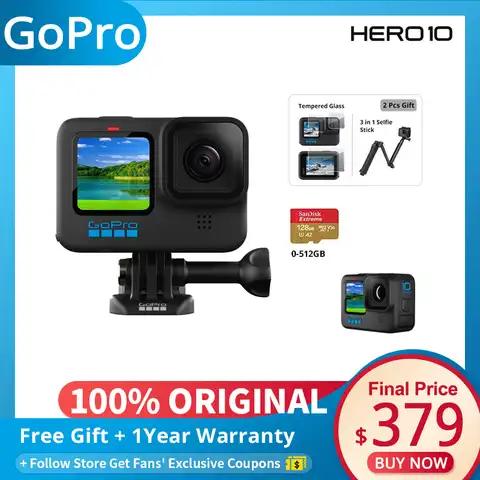 Экшн-Камера GoPro HERO 10 Black, экран 5,3 K, Спортивная камера 23MP GP2, Водонепроницаемая мини-Видеокамера GoPro 10 s