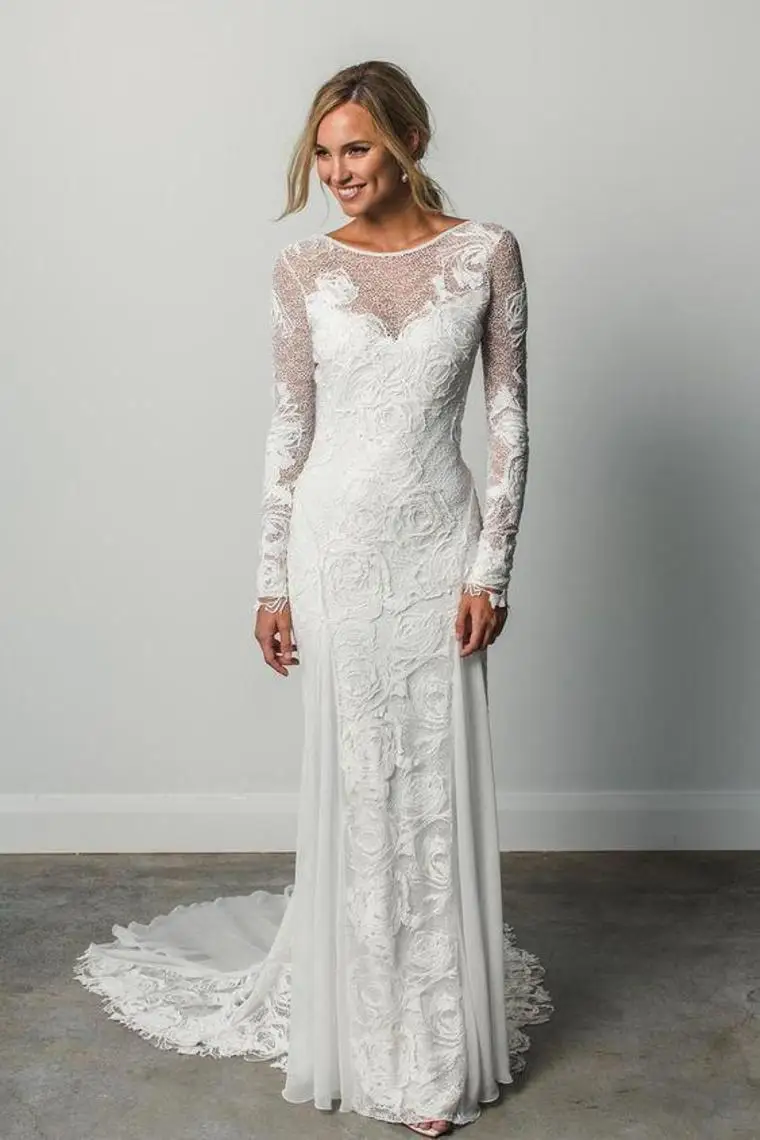 

Merdelan Long Sleeves Ivory Rustic Lace Backless Scoop Neck Beach Wedding Dresses