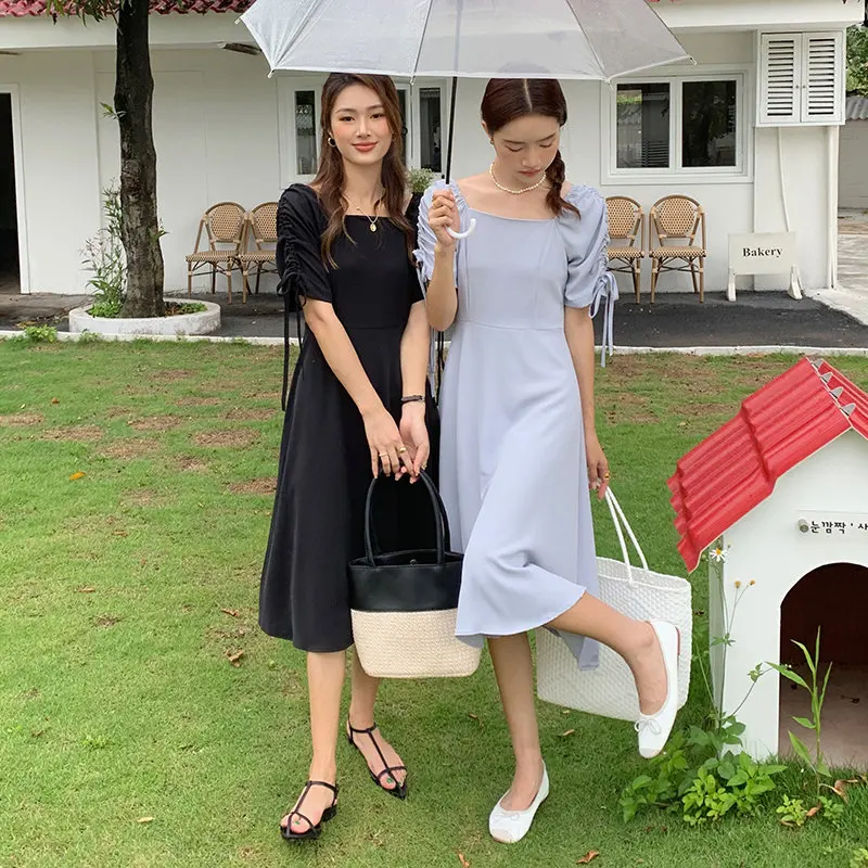 

2022 New Women Summer Dresses French Elegant High Waist Princess Sleeve Draw String Vestidos Solid Glam Midi Female Casual Skirt