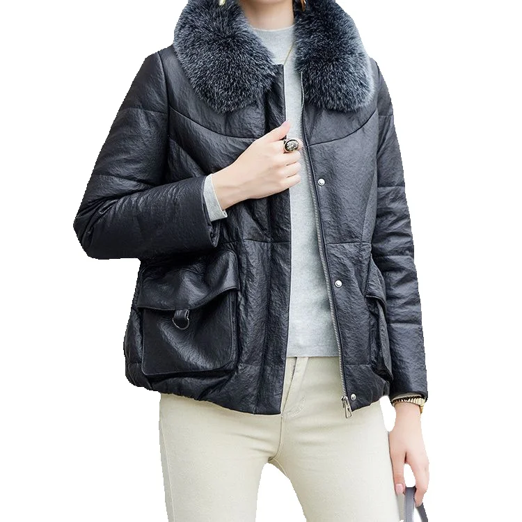 Новая женская короткая куртка из натуральной кожи с воротником лисьего меха