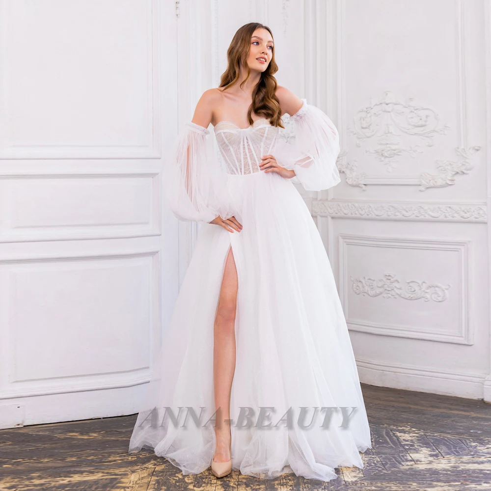 

Anna Simple Wedding Dress 2022 Mariages Tulle Sweetheart Bohemian Slit Floor Length Illusion Lacing Up Long Detachable Sleeve