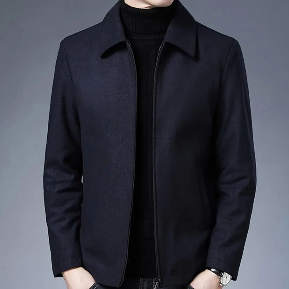

Men Straight Coat Mid-aged Men's Thick Thermal Coat with Lapel Zipper Closure Pockets Stylish Winter Jacket for Fathers Zipper