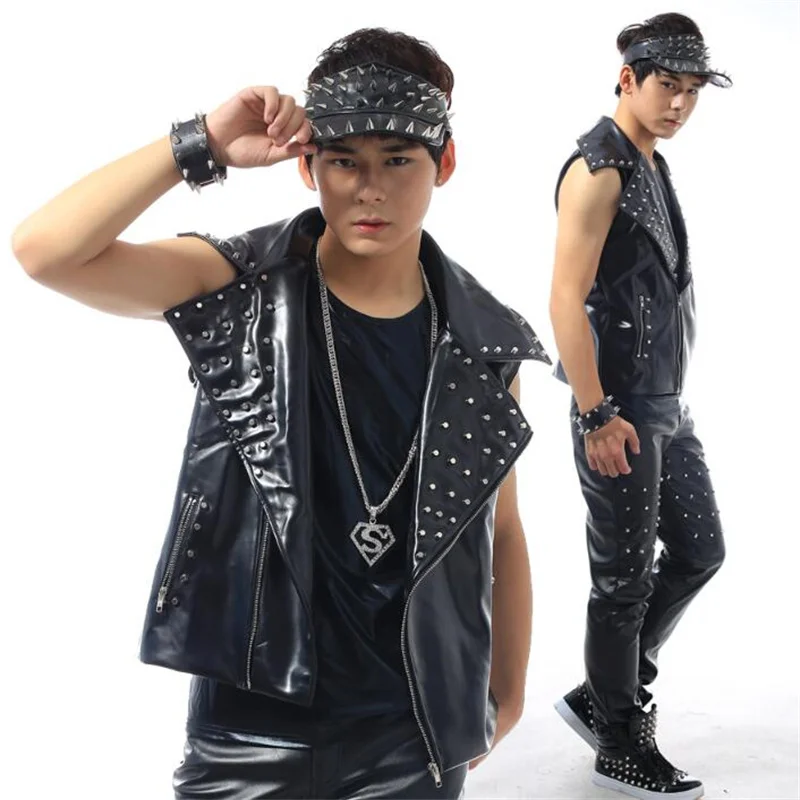 Summer style personality slim male sleeveless rivet leather vest men punk rock costumes hombre chalecos singer dance stage star