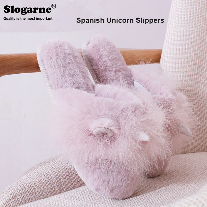 

Spanish Unicorn Faux Fur Slippers Women Cartoon Winter Cotton Fur Slippers Women's Indoor Home Slides Girls Cute Furry Slippers