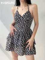 iamsure casual v neck ruffles a line dress holiday slim floral sleeveless mini dresses for women summer beach style streetwear