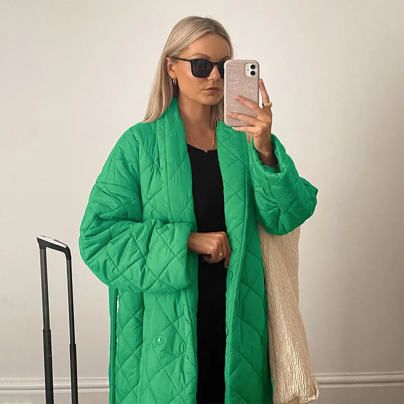 Long Straight Winter Jacket Women Coat With Rhombus Pattern Casual Sashes Women Parkas Oversize Down Cotton Tops Outwear