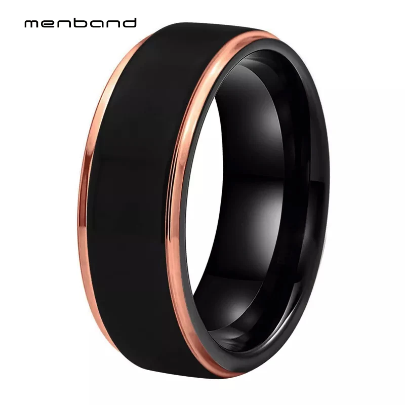 

Black Tungsten Carbide Rings Rose Gold Step Edges For Men Women Wedding Band Width 8mm Comfort Fit