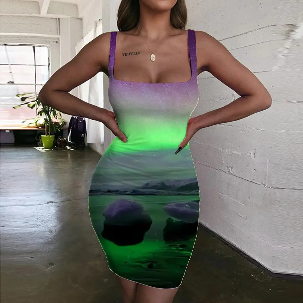 SOMEPET Aurora Dress Women Northern Lights Sundress Waterfall Ladies Dresses Beautiful 3d Print Vestido Sexy
