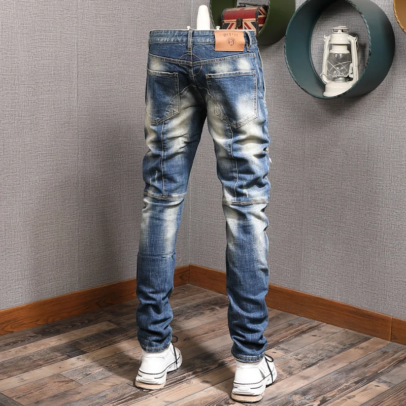 Fashion Streetwear Men Jeans Retro Washed Blue Elastic Slim Fit Ripped Jeans Spliced Designer Hip Hop Denim Biker Pants Hombre