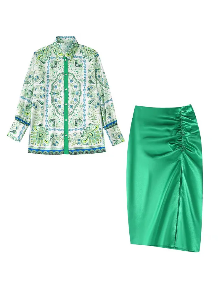 

Women 2022 Summer New Fashion Folds Decoration Satin Texture Skirt Vintage High Waist Female Skirts Mujer 2769/260