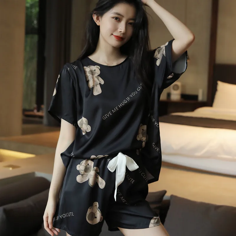 PICKBIRD 2022 Summer thin silk print short-sleeved shorts crew neck pajamas women's suit ice silk large size pullover home wear
