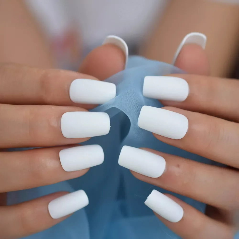 

Long Matte Fake Nails White Matt Solid Color Nail Tips Square Acrylic Fignernails 24