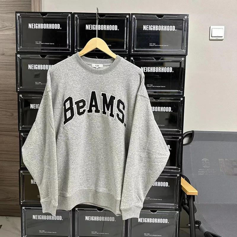 

BEAMS Autumn And Winter New Men And Women Sticker Letter Embroidered Casual Long Sleeved Pullover Round Neck Versatile Top