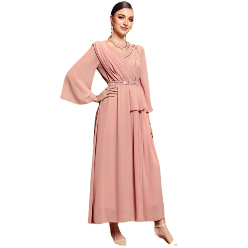 Eid Dress For Women Elegant Pleated Evening Party Bridesmaid Long Dresses Ladies Summer 2023 Luxury Rhinestone Chic Satin Robe