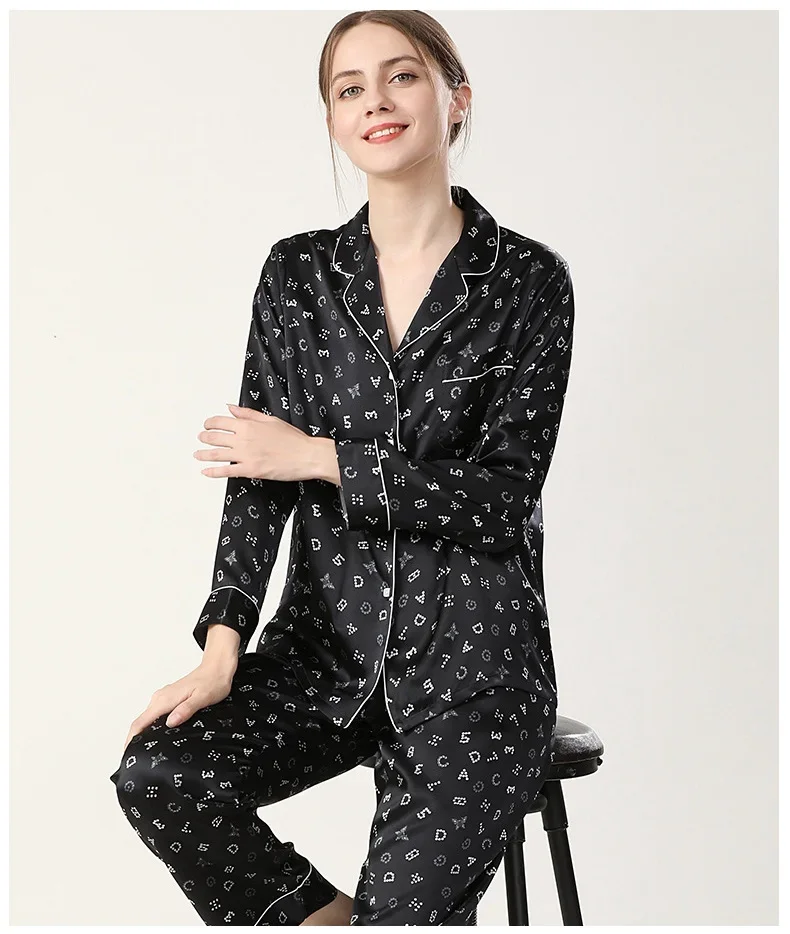 100% шелковый женский пижамный комплект атласная одежда для сна с принтом рубашки
