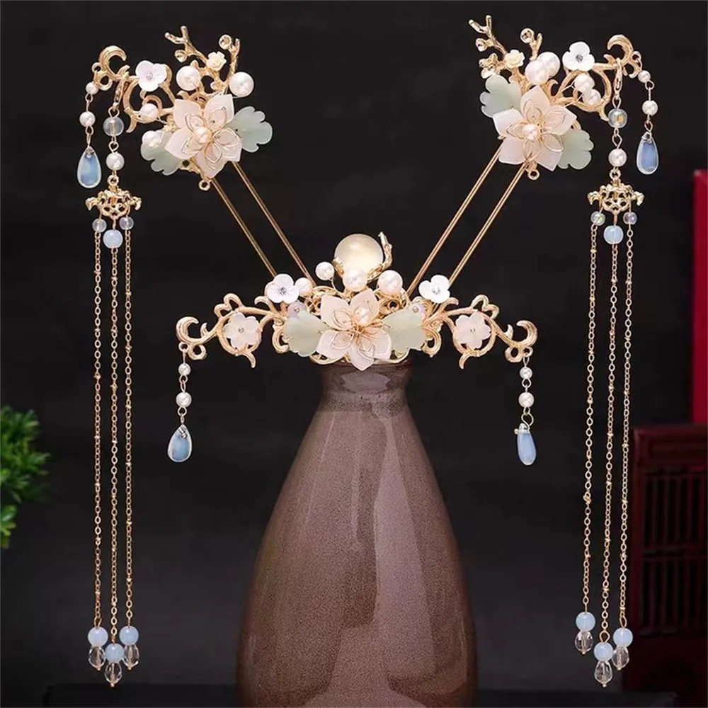 

Chinese Hair Sticks Tiaras Vintage Wedding Headpiece For Women Long Tassel Pearl Hairpins Classic Hanfu Hair Accessoires Jewelry
