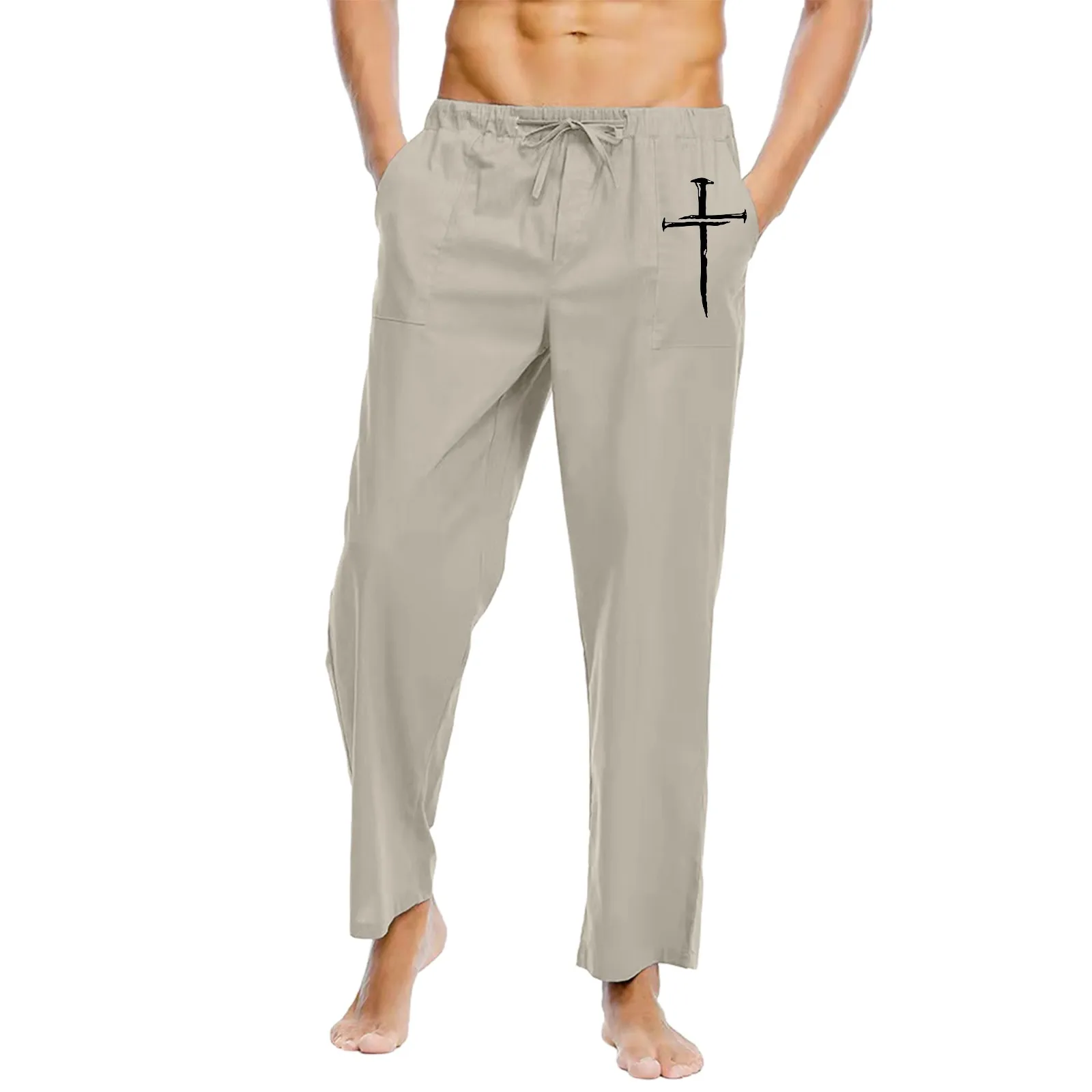 

Брюки мужские всесезонные, повседневные однотонные хлопково-льняные свободные штаны с принтом, модные пляжные брюки с карманами