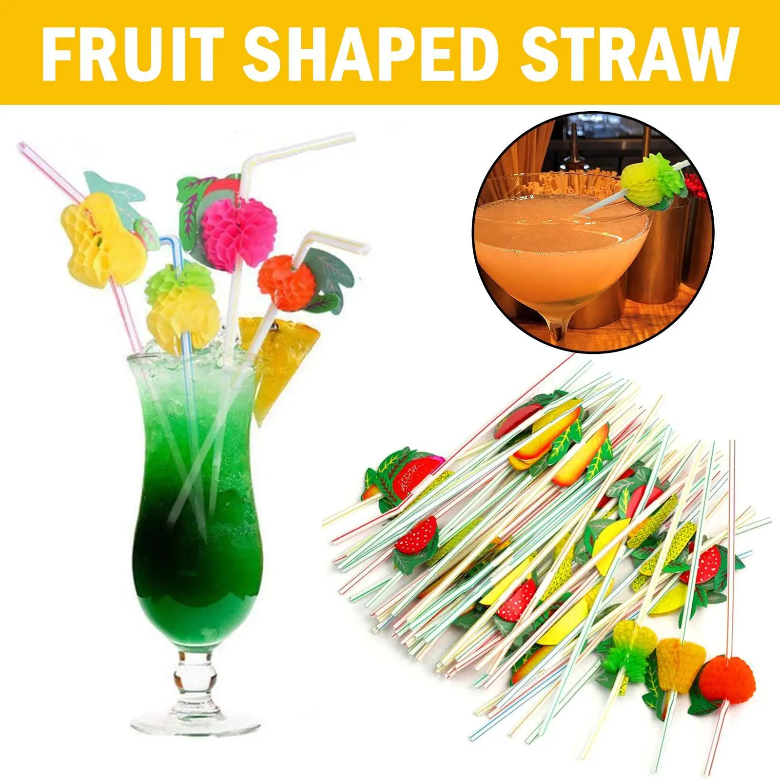 

50PCS Drinking Straws Fruit Pineapple Disposable Straws Disposable Tableware For Hawaiian Fiesta Cocktail Party Decorations