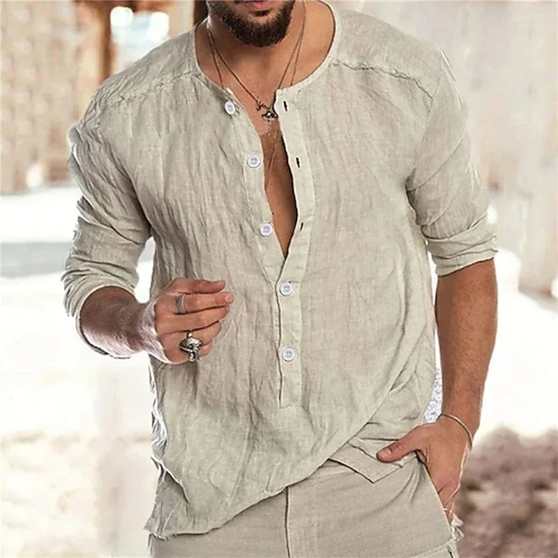 

Cotton Linen Shirt Tops Men Casual Solid Loose Button-up Crew Neck Long Sleeve Pullovers Spring Fall Mens Clothes Fashion Shirts