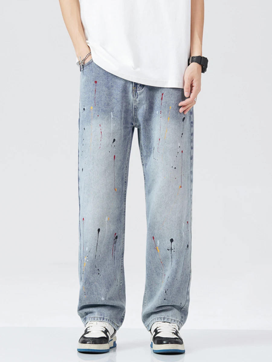 

Four Seasons Men's Jeans High Street Loose Straight Ink Splash Trend Wide Leg Pants Streetwear Men Ins Hot Sale Y2k Men’s Jeans