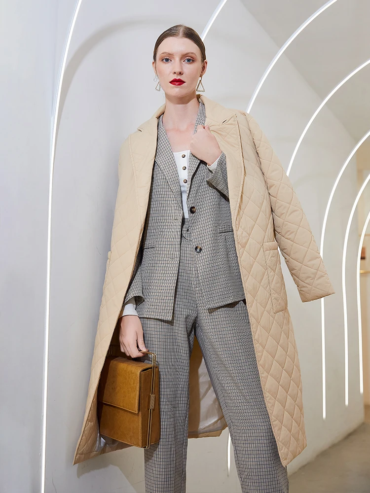 Simplee Long straight winter coat with rhombus pattern Casual sashes women parkas Deep pockets tailored collar stylish outerwear
